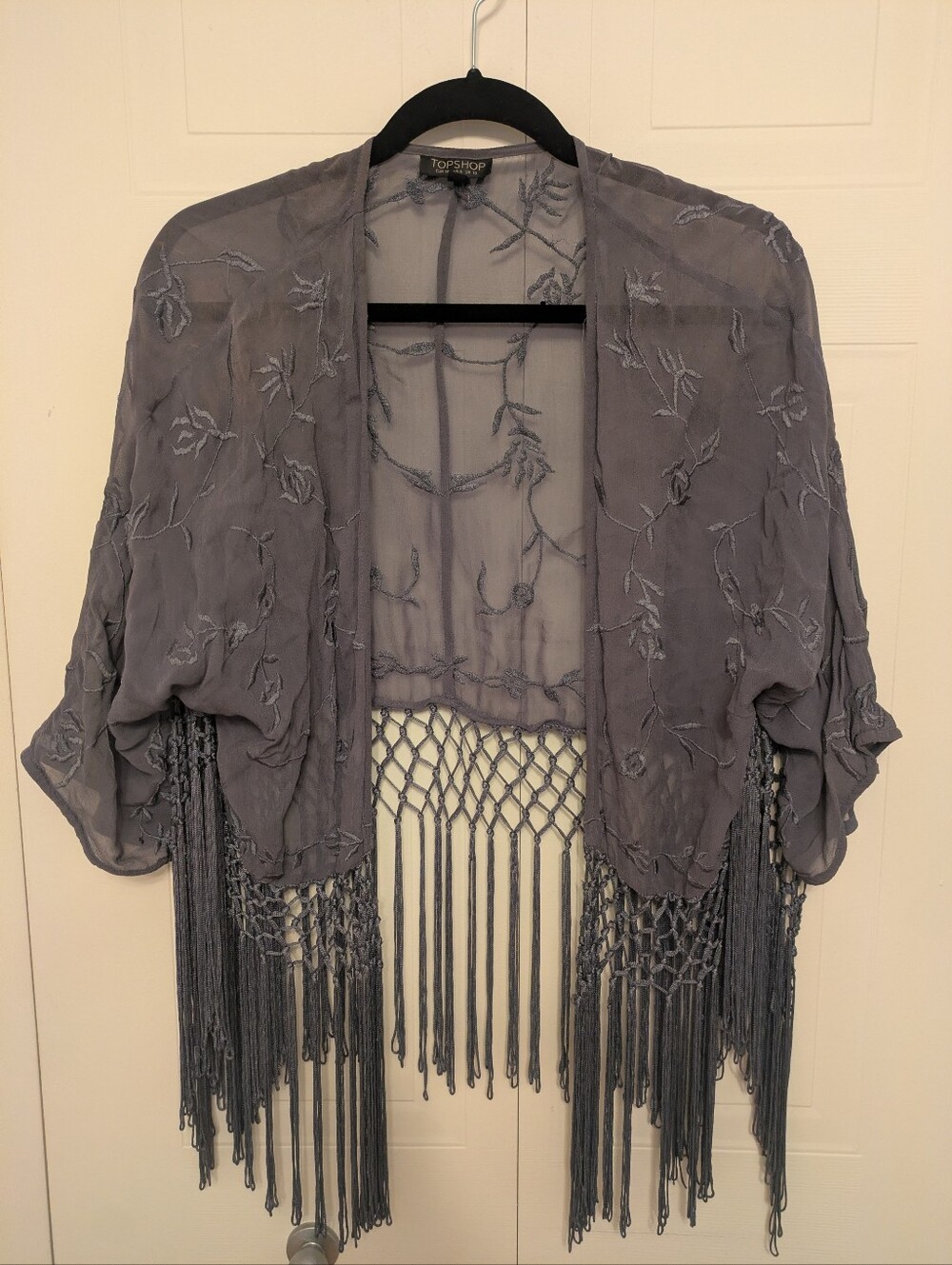 Topshop Slate Gray Embroidered Fringe Kimono Jacket